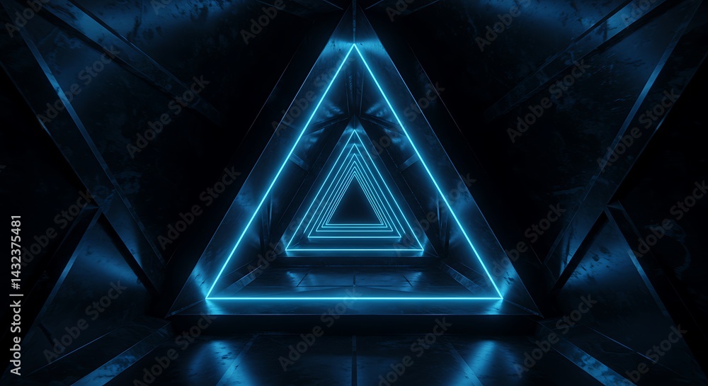 Obraz premium Futuristic Sci Fi Triangle Metal Structure Tunnel Corridor Hyper Cyber Virtual Blue Glowing Virtual Dark Spaceship Modern Infinity Loop 3d Rendering