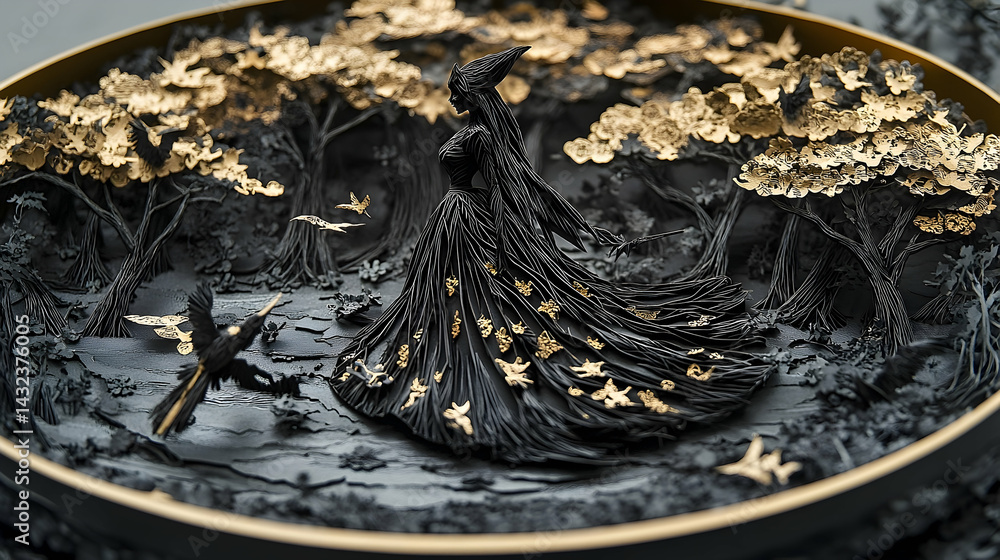 Fototapeta premium Detailed black and gold sculpted forest scene with a figure.