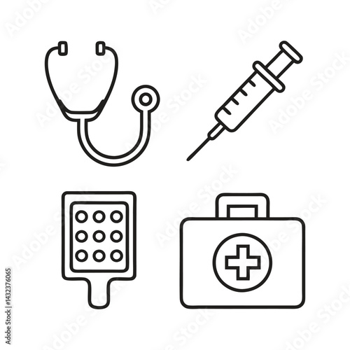 Medical Icons Stethoscope, Syringe, Pills, First Aid Kit