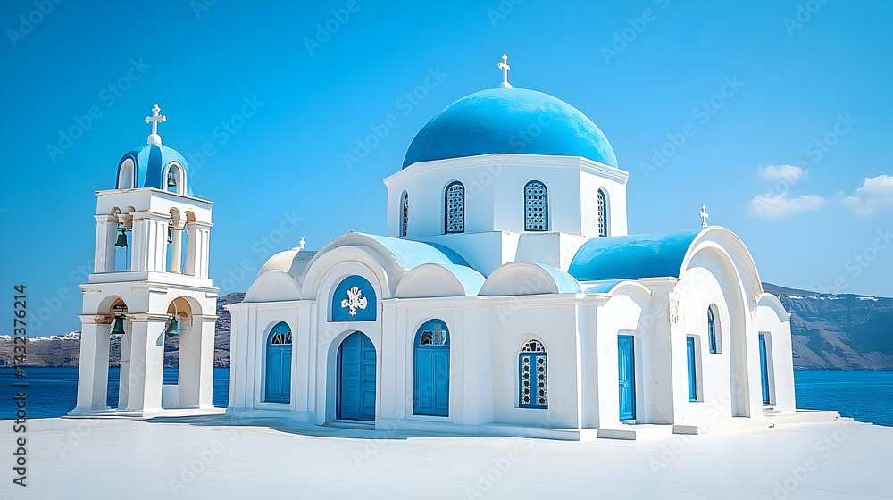 Scenic, whitewashed church with brilliant blue domes and bell tower. Scenic, whitewashed church with brilliant blue domes and bell tower.