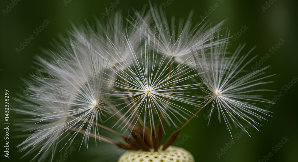 Fototapeta premium Delicate Dandelion Seed Head Featuring Radial Symmetry Against Muted Green Backdrop