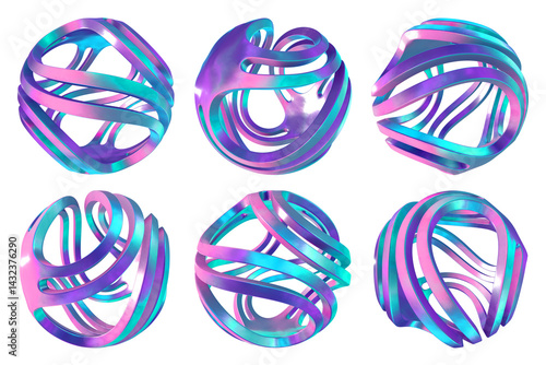 Set of 6 abstract 3D geometric spheres – Futuristic iridescent metallic design elements with transparency for compositing.