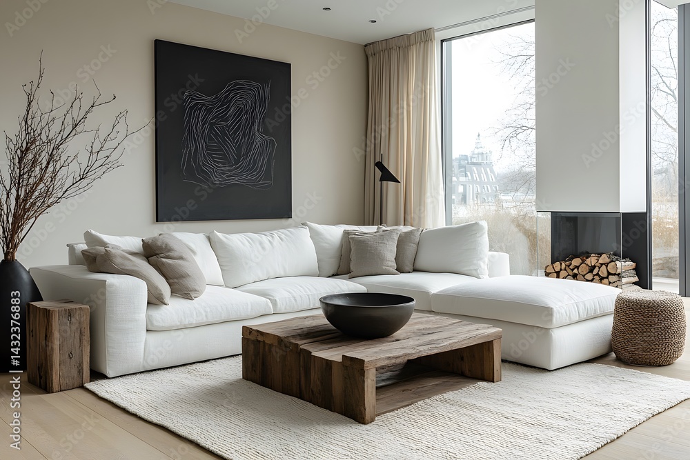 Fototapeta premium Modern home living room with pouf and side table near white couch and fireplace against minimalist wall decor