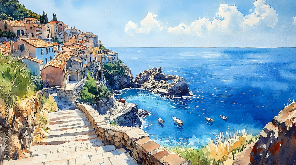 Naklejka premium Coastal village nestled amongst cliffs and a vibrant sea.