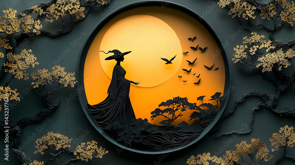 Fototapeta premium Ornate paper cut-out of a mystical figure under a golden moon.