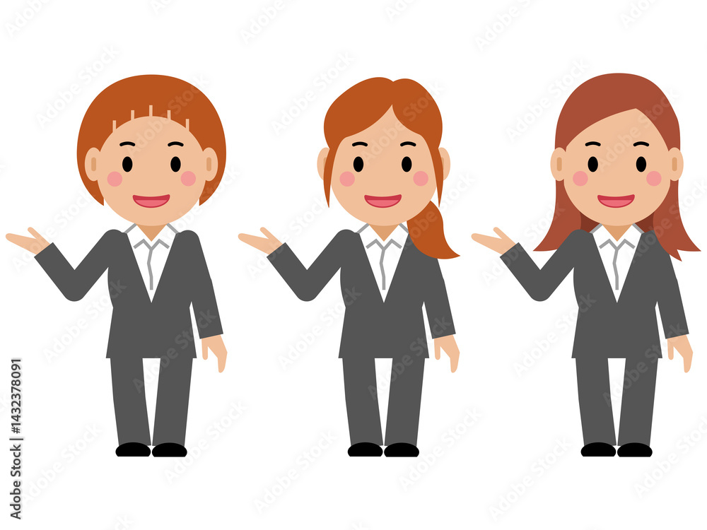 こちら、と笑顔のグレースーツの若い女性。その2 こちら、と笑顔のグレースーツの若い女性。その2