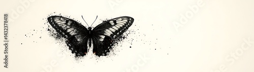 Butterfly art in monochrome tones, wings dust effect, cream background, for nature designs