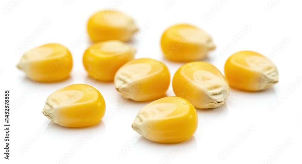 A close up shot of several yellow corn kernels scattered on a white surface in a studio setting A close up shot of several yellow corn kernels scattered on a white surface in a studio setting
