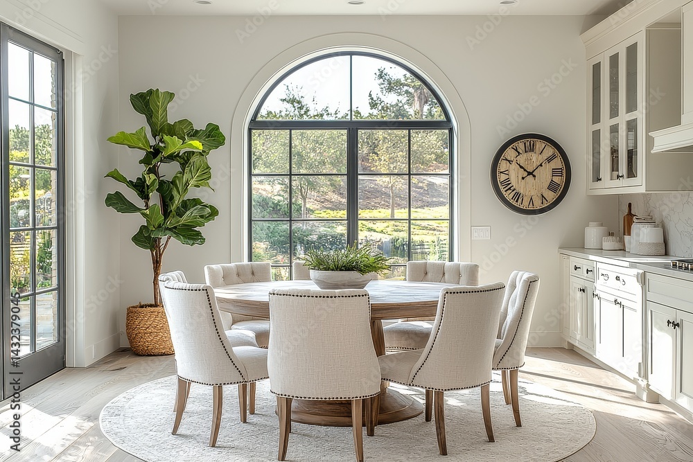 Fototapeta premium Round dining table with six chairs, circular light grey rug, tall fiddle-leaf fig plant, and arched window, in a symmetrical and naturally lit room.