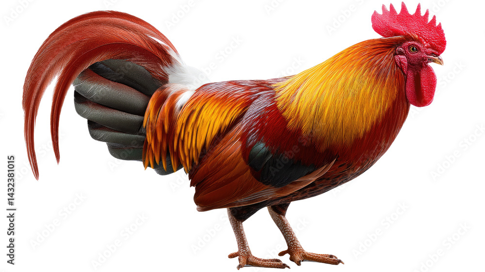 Fototapeta premium Rooster Portrait: A vibrant rooster, with a striking red crest and golden plumage, stands proudly in a striking portrait, showcasing the beauty and elegance of this common farmyard bird.