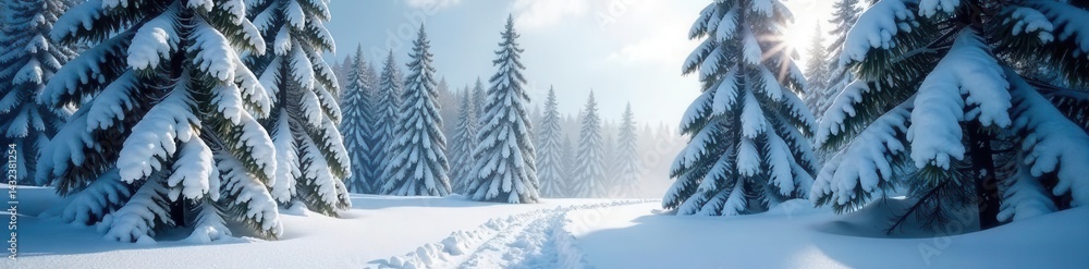 Obraz premium Heavy snow falls, lifting to unveil a snow covered pine forest , serene, background