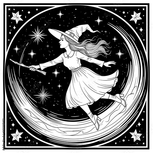 Young witch casting a spell while flying on a crescent moon  