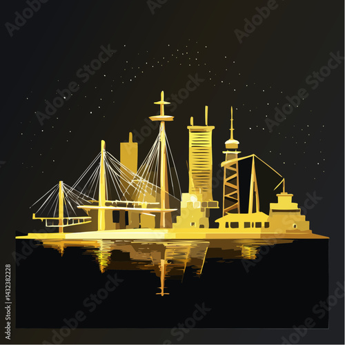Vector Silhouette of Major Shipping Port in Urban American City