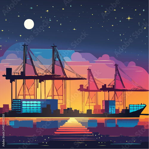 Vector Silhouette of Major Shipping Port in Urban American City
