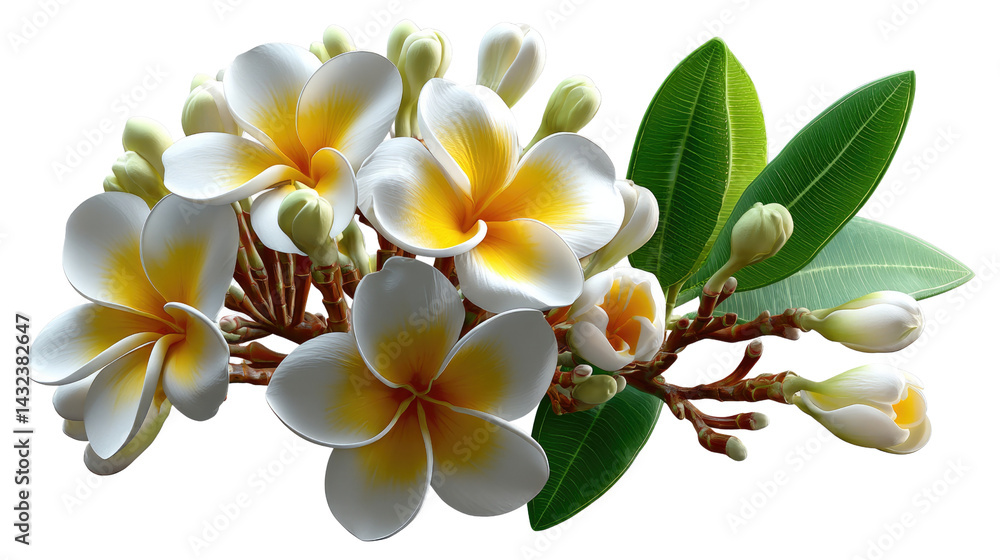 Naklejka premium Elegant Plumeria Blossom: A delicate composition of pristine white and yellow Plumeria blossoms, intertwined with vibrant green foliage, showcasing a vision of tropical beauty and floral refinement.