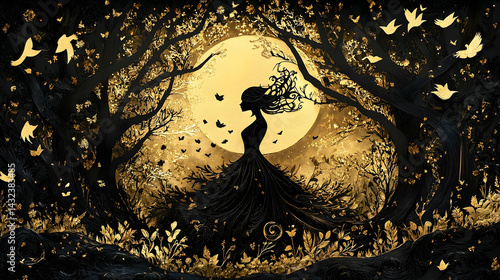 Golden, mystical silhouette of a woman in a forest at night.