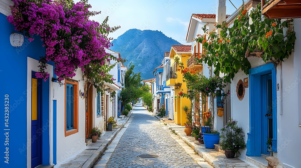 Fototapeta premium Colorful street scene with vibrant homes and lush greenery.