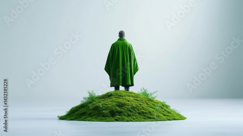 A person in a green cloak stands atop a moss-covered hill
