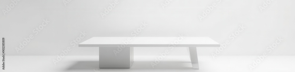Fototapeta premium Immaculate white table, slender metal base, pure white setting , backdrop, metal legs, white table