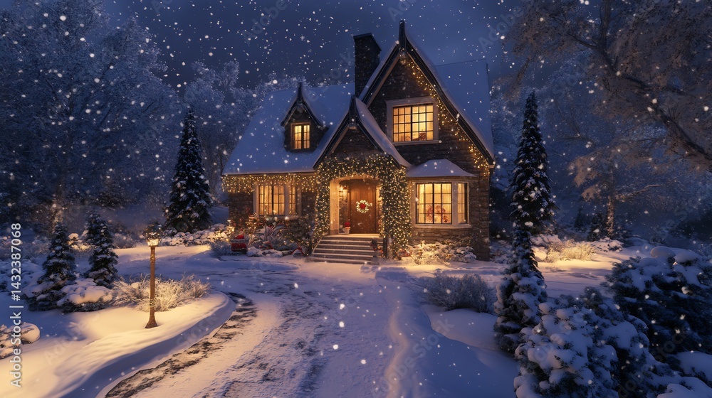 Naklejka premium Snow-Kissed Cottage: A Festive Winter Night Scene