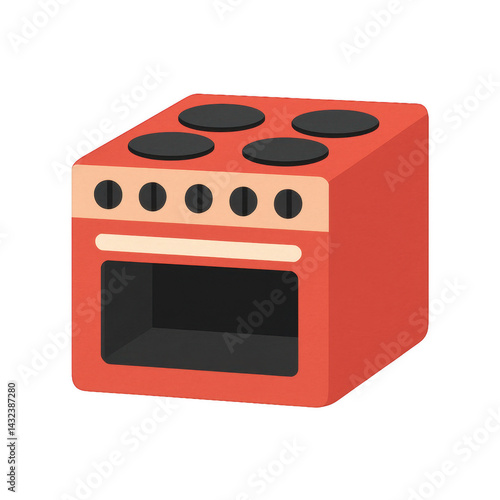 Red toy oven with black knobs for childrens play kitchen set and imaginative cooking activities