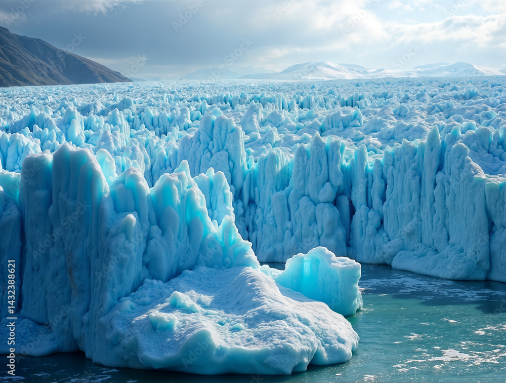 The image depicts a vast glacier with jagged, towering ice formations, surrounded by a body of water