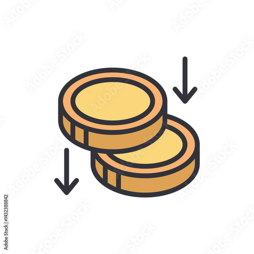 Decrease coins colored icons, minimalist vector illustration ,simple transparent graphic element .Isolated on white background