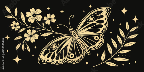 Beautiful golden glittery drawn butterfly flowers leaves on black background with sparkling stars and glow particles. Isolated luxury decorative design vector illustration.
