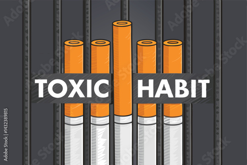 Cartoon cigarettes imprisoned behind jail bars, wearing a cap; humorous illustration of smoking cessation.