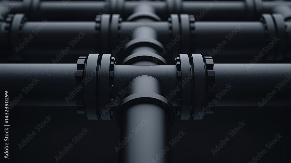 A close-up of interconnected black pipes featuring circular fittings, set against a dark background, showcasing an industrial design aesthetic. A close-up of interconnected black pipes featuring circular fittings, set against a dark background, showcasing an industrial design aesthetic.