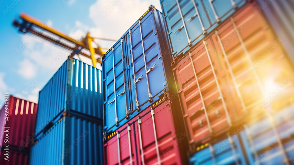 Fototapeta premium Stacked shipping containers at busy port with cranes, global logistics and supply chain concept, international trade and cargo transportation industry.