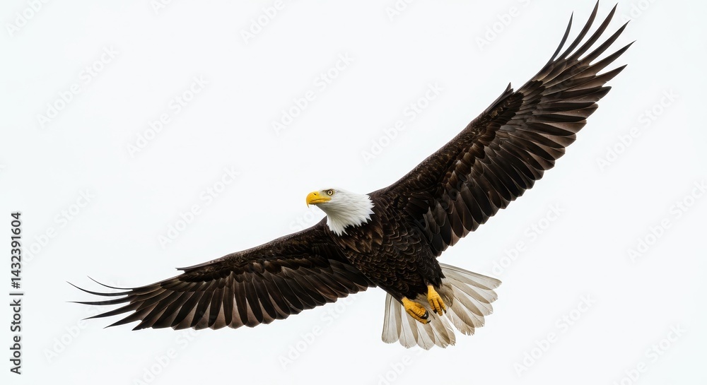 Fototapeta premium A bald eagle soars gracefully against a bright white sky with its wings spread wide open for flight