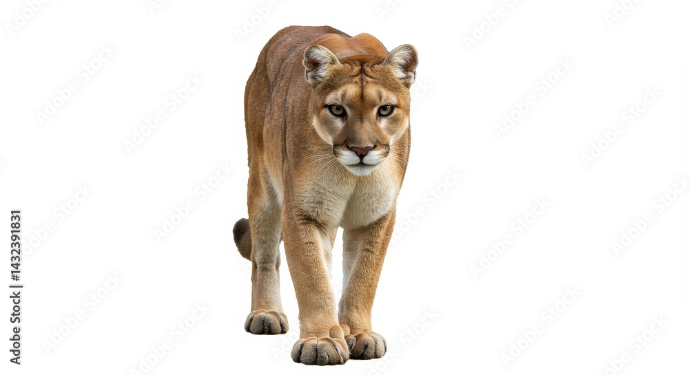 Obraz premium A cougar standing on a white background looking forward with a focused and determined expression on its face