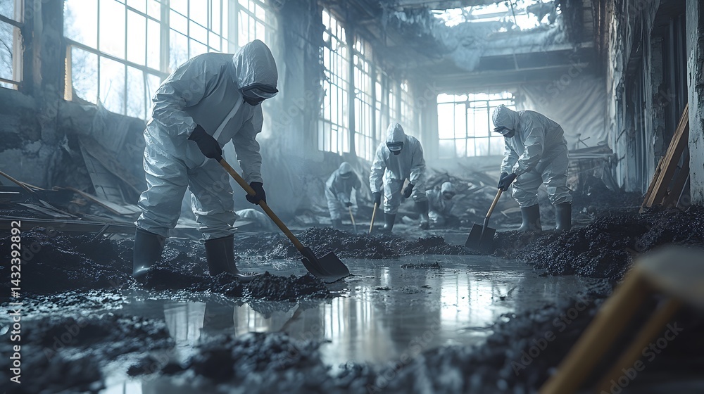Workers in hazmat suits cleaning a flooded room, symbolizing disaster recovery and environmental cleanup,