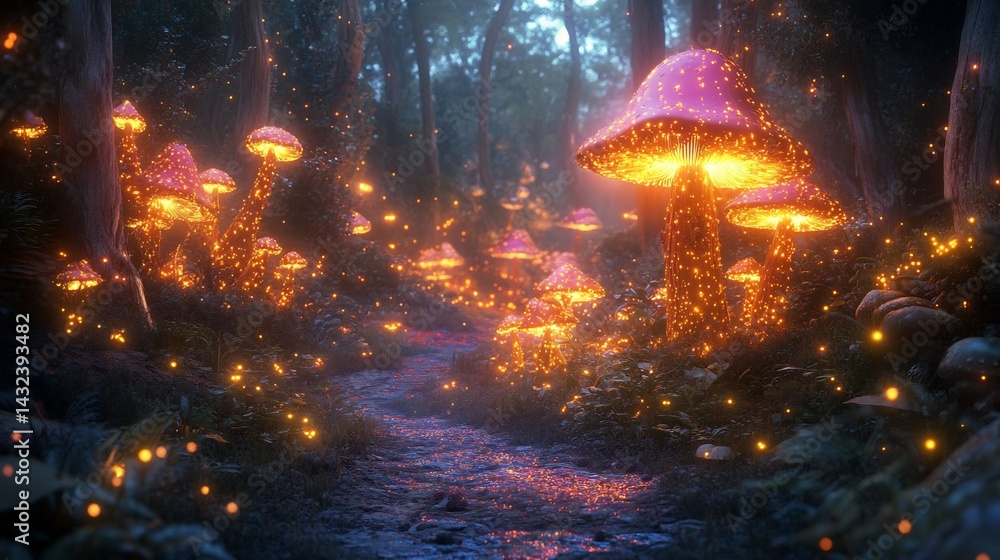 Glowing Mushroom Forest Path: A Dreamlike Fantasy Scene Glowing Mushroom Forest Path: A Dreamlike Fantasy Scene