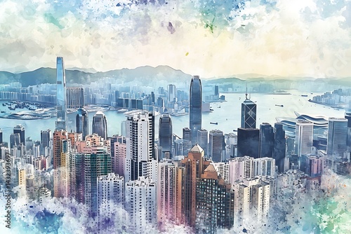 Hong Kong Skyline Watercolor Cityscape with Skyscrapers and Victoria Harbour Views