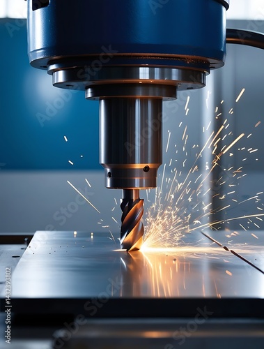 A close-up of a CNC machine cutting metal, with sparks flying from the precision drill, showcasing industrial manufacturing and advanced machining technology.

