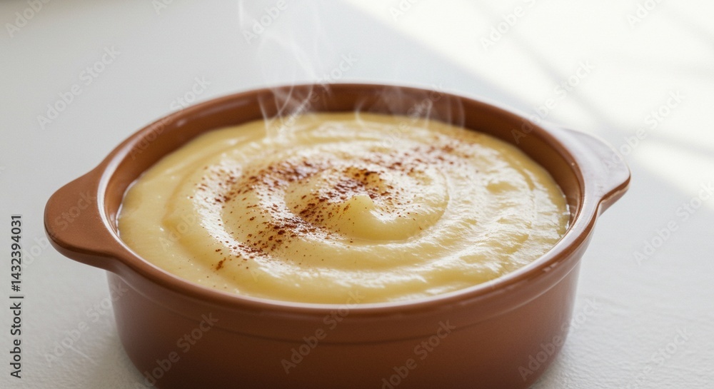 A close-up of creamy Brazilian canjica in a ceramic bowl, sprinkled with cinnamon and cloves, steam gently rising, soft morning light highlighting the texture, white background. A close-up of creamy Brazilian canjica in a ceramic bowl, sprinkled with cinnamon and cloves, steam gently rising, soft morning light highlighting the texture, white background.