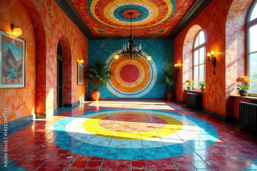 Obraz premium Vibrant Hallway with Circular Design Elements, Sunlit Tile Floor, and Artistic Wall Murals Featuring Tropical Plants and a Grand Chandelier