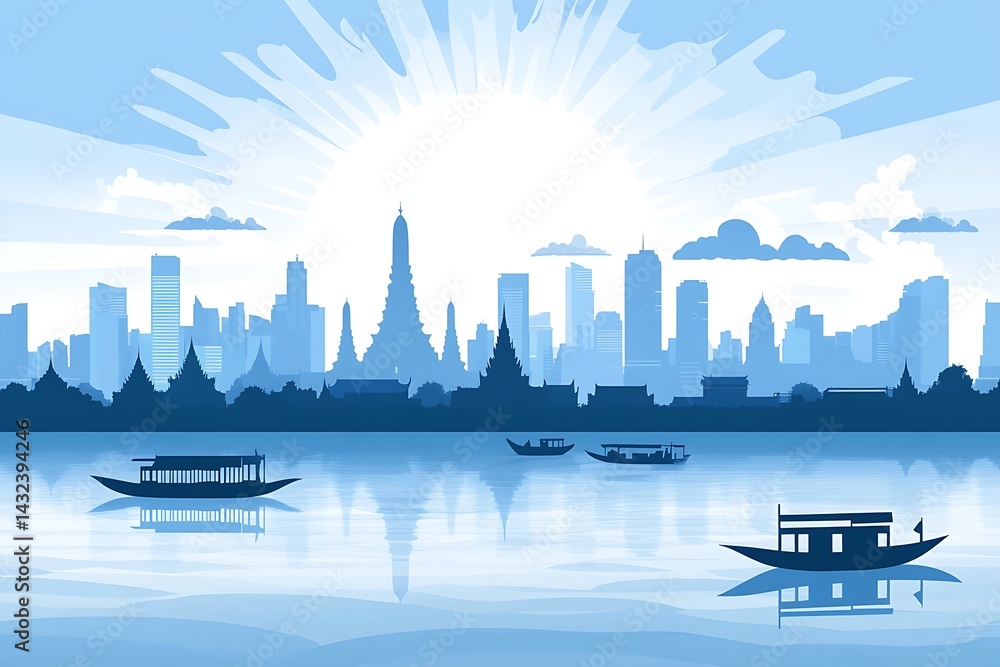 Fototapeta premium Bangkok Cityscape Silhouette, Wat Arun Temple, Chao Phraya River Boats, Sunny Day