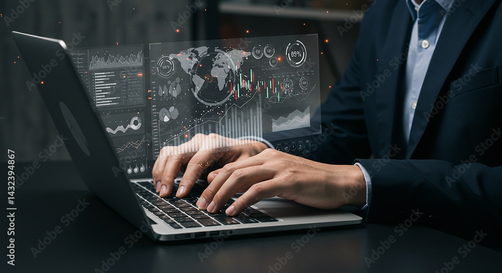 A person in a suit typing on a laptop with data visualizations overlayed on the screen displayed above selling, purchasing,$, agreement A person in a suit typing on a laptop with data visualizations overlayed on the screen displayed above selling, purchasing,$, agreement