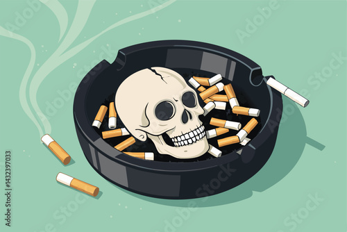 A hyperrealistic illustration of an overflowing ashtray, brimming with numerous half-smoked cigarettes, depicting the harmful effects of smoking.