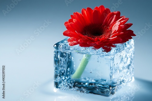 Red Gerbera flower in ice cube on a table for floral design art to freshen up