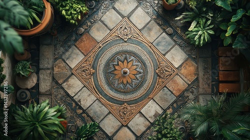 Overhead view of ornate fountain in lush courtyard
