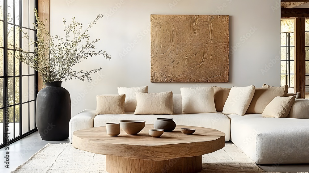 Modern living room interior featuring beige sofa and wooden rustic coffee table in Japandi bohemian style
Modern living room interior featuring beige sofa and wooden rustic coffee table in Japandi bohemian style