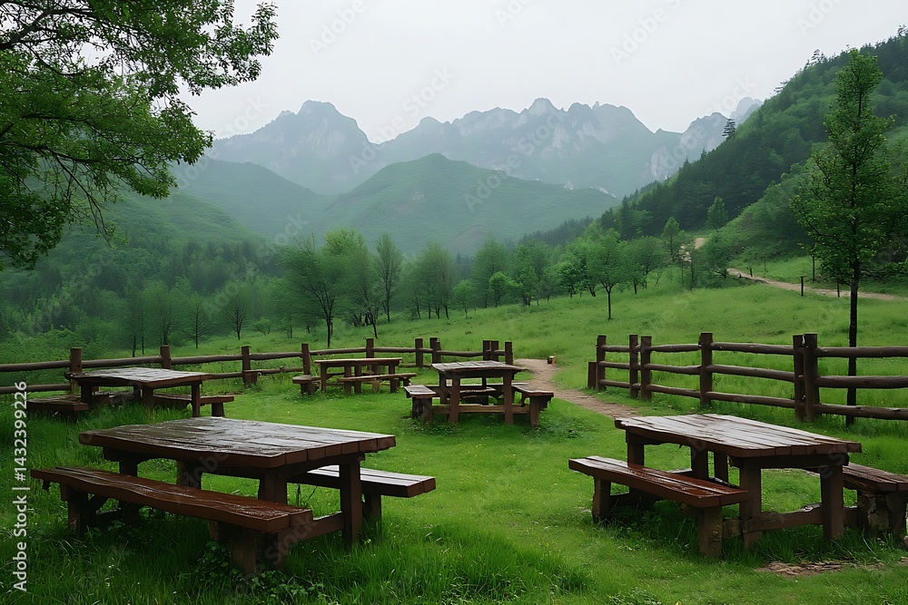 Fototapeta premium Picnic Tables on Grassy Hillside with Mountain Scenery, Fenced in Green Nature Space