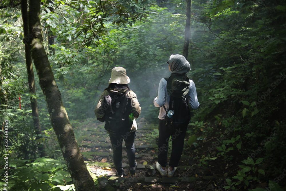 Two adventurous young women hike side by side through a lush green forest trail. Two adventurous young women hike side by side through a lush green forest trail.