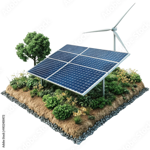 Solar panels, wind turbines and trees. 3D isometric vector illustration.