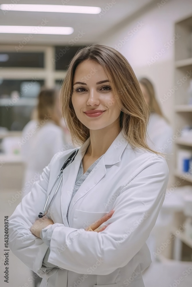 A clean and organized hospital ward. A team of medical staff coordinates the delivery of medication and treatments. The mood is organized and efficient