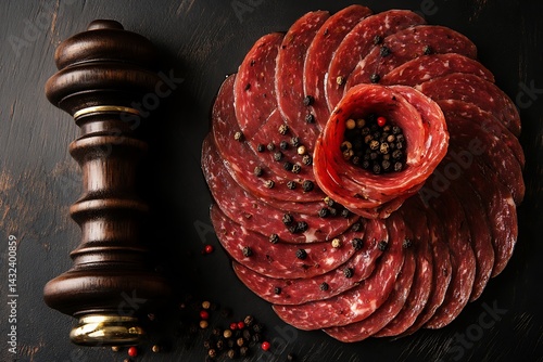 Salami Rosette and Peppercorns on Dark Board, Rustic Presentation, Overhead Shot, Fresh